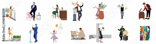 Stylish flat illustrations of diverse people in formal wear enjoying a celebration, drinking champagne, and socializing at various festive events.