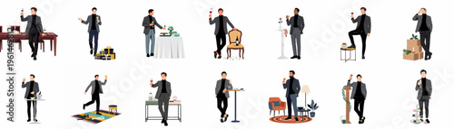 Set of flat vector illustrations of elegant men in business suits celebrating at luxury parties, gala events, and social gatherings with drinks.