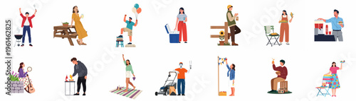 A collection of diverse people enjoying summer outdoor activities including BBQ, gardening, music, and food, illustrated in a modern flat style.
