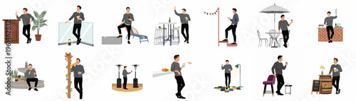 A set of flat vector illustrations depicting a young man enjoying drinks and social gatherings in various indoor and outdoor settings.
