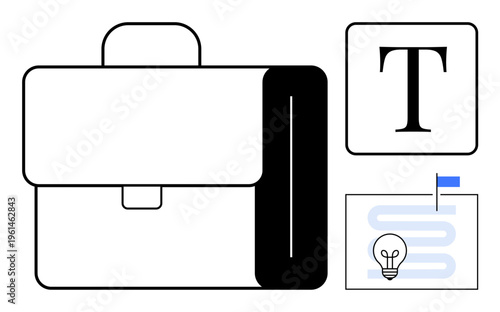 Business concept. Business tools thumbs up briefcase, aligned text symbol, and idea flag icon project planning and management. Business supports productivity and efficient workflows. Ideal