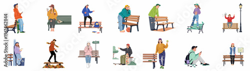 Vector Illustration Set of Diverse Young People and Teenagers Relaxing, Playing, and Hanging Out Around Park Benches in Various Poses.
