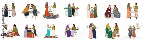 Collection of flat vector illustrations depicting multicultural female friends bonding over tea and coffee in various daily life scenarios.