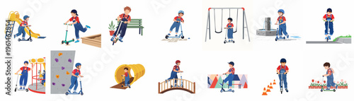 Collection of vector illustrations showing a young boy having fun riding his kick scooter in various playground and park locations.