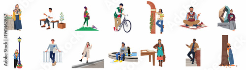 Flat illustration set of diverse university students in various campus settings, showcasing academic life, inclusivity, and student lifestyle in a modern design.
