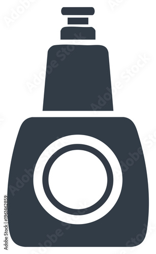 Dark Gray Bottle with Pump Dispenser and Circular Label.