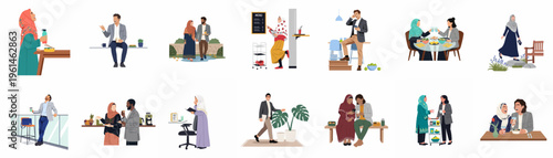 Diverse group of people including Muslim professionals engaging in various daily activities, work scenarios, and social interactions in modern settings.