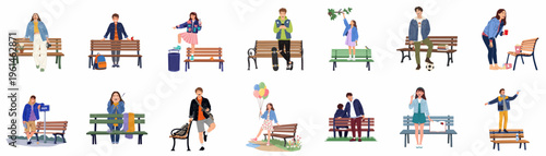 Diverse collection of flat illustrations featuring young people engaged in various activities on park benches, isolated on a white background.