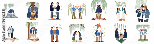 Flat vector illustration collection of couples enjoying diverse outdoor activities, from picnicking under willow trees to hiking and flying kites.
