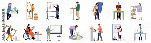 Diverse collection of creative professionals and students working in various fields, including science, art, and technology, promoting inclusion and career diversity.