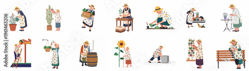 Set of flat vector illustrations depicting a senior woman engaged in various gardening activities, from planting and watering to harvesting and relaxing.