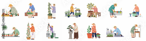 Collection of flat vector illustrations depicting elderly women engaged in various gardening activities like planting, watering, and harvesting in their gardens.