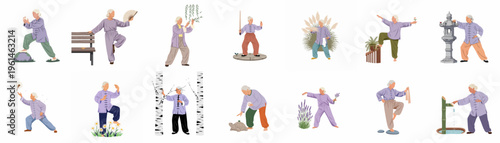 Collection of illustrations showing an elderly woman practicing Tai Chi and Qigong in various outdoor settings with traditional Chinese elements.