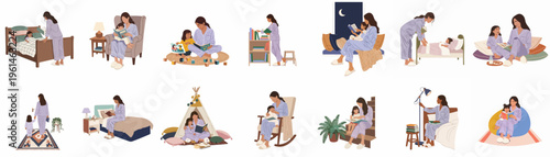 Set of flat illustrations showing mother and daughter bonding during bedtime routines, including reading stories and tucking into bed in a cozy home.