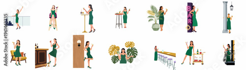 Set of illustrations depicting a woman in a stylish green dress enjoying cocktails and nightlife in various elegant bar and lounge settings.