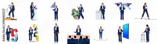 Set of illustrations showing a professional businesswoman in various public speaking, presentation, and leadership scenarios.