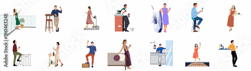 Set of diverse people enjoying wine in various social settings, including parties, balconies, and bars, depicted in a minimalist flat illustration style.