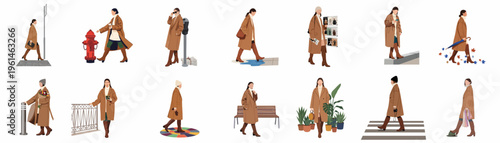 Collection of flat vector illustrations depicting a stylish woman in a brown autumn coat engaged in various urban lifestyle activities and city scenarios.