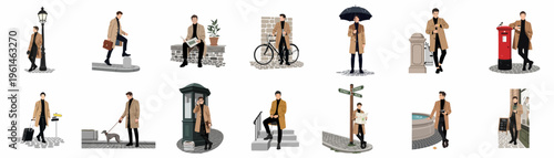 Flat vector illustrations of a stylish man in a tan trench coat engaged in various urban activities across several city street settings.