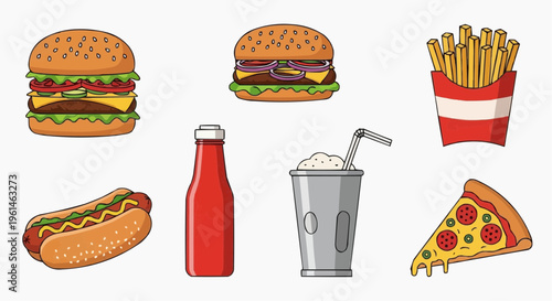 A delicious fast food collection, including a burger, fries, and other classic items. The food is arranged and ready to be enjoyed!