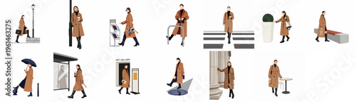 Collection of vector illustrations featuring a fashionable woman in a brown trench coat in various urban city scenes and daily activities.