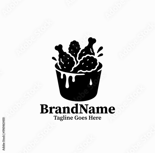 Korean Fried Chicken Bucket Silhouette with Dripping Sauce Fast Food Logo