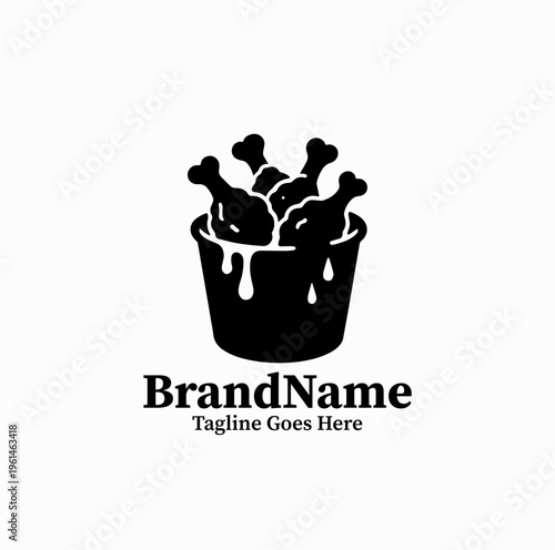 Korean Fried Chicken Bucket Silhouette with Dripping Sauce Fast Food Logo