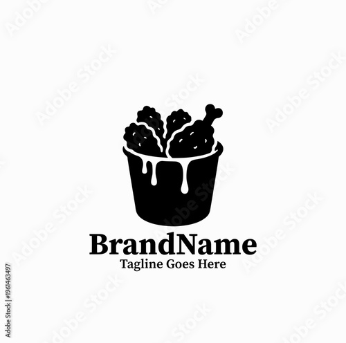 Korean Fried Chicken Bucket Silhouette with Dripping Sauce Fast Food Logo