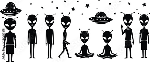 Alien silhouette group illustration, UFO and extraterrestrial vector art, cosmic starry background design, imaginative fantasy artwork, cad drawing flat vector illustration