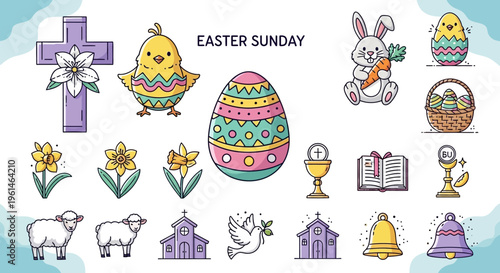 Vibrant collection of cheerful Easter icons and symbols, celebrating the spring holiday with traditional religious and festive elements for design