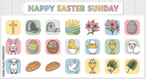 Joyful Easter Sunday vector icon collection with charming hand-drawn religious symbols, spring motifs, and festive holiday elements for celebration designs