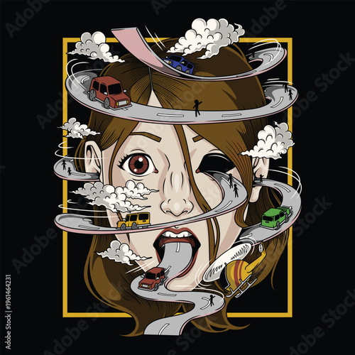 Surreal Woman Head with Spiral Road, Cars and Tiny People Illustration