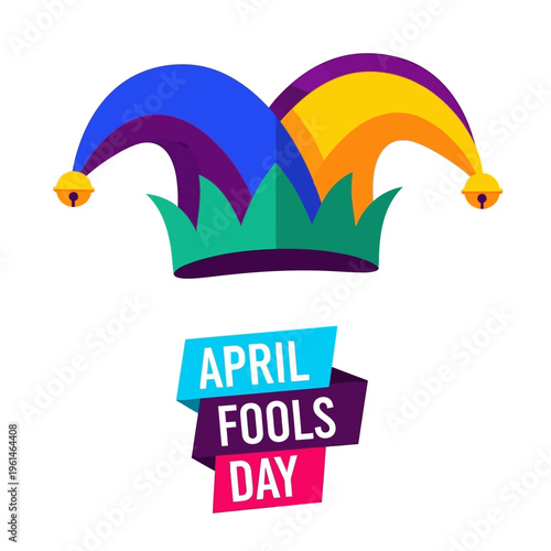 Colorful Jester Hat Icon with April Fools Day Text Banner Isolated on White Background