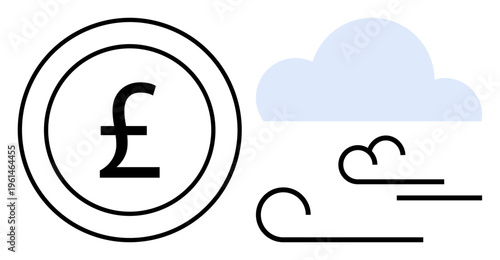 Finance, economy, market risk, uncertainty, currency fluctuation, financial challenges. Pound sterling symbol with wind and storm cloud graphics. Financial instability and market risk concept