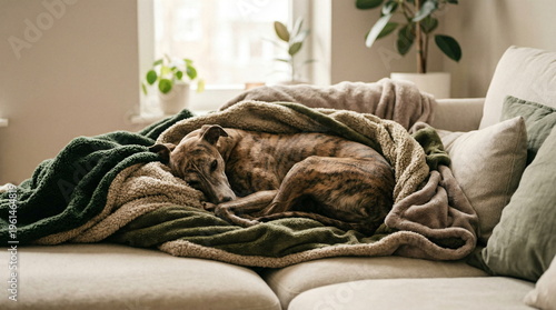 Cozy home scene with sleeping brindle whippet dog on sofa soft blankets and indoor plants