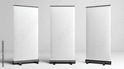 Three blank roll up banner stands mockup isolated on clean background, perfect for advertising presentation, branding display, and promotional design template.
