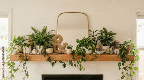 Neutral indoor plant shelf styling with crystals pottery and natural botanical home decor aesthetic