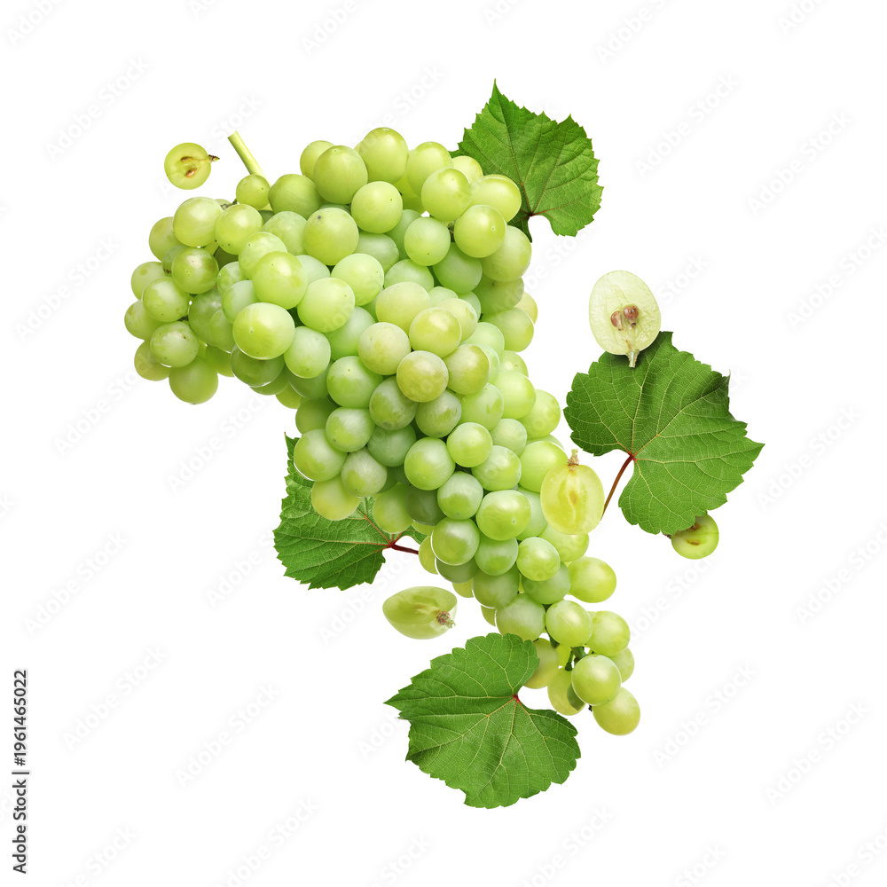 Fototapeta premium Fresh juicy grapes and green leaves in air on white background