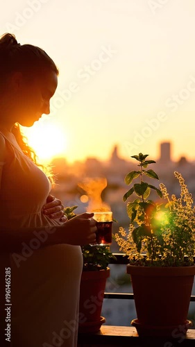 Pregnant woman drinking wine on balcony at sunset