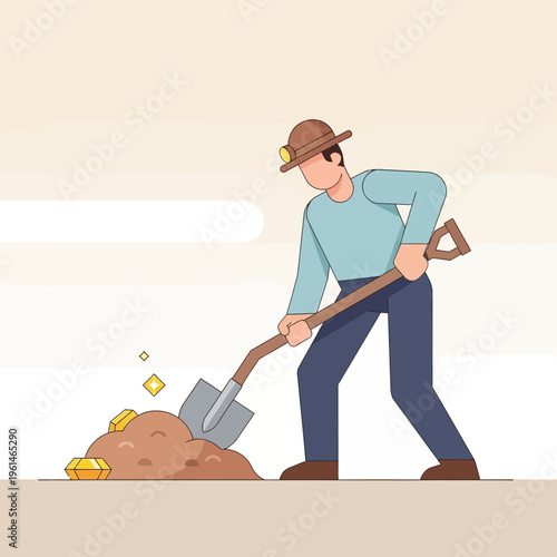 Man digging for gold with a shovel, unearthing valuable treasures and coins from the ground.