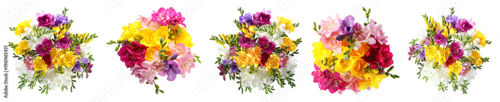 Fototapeta premium Bouquets of bright freesia flowers isolated on white, set