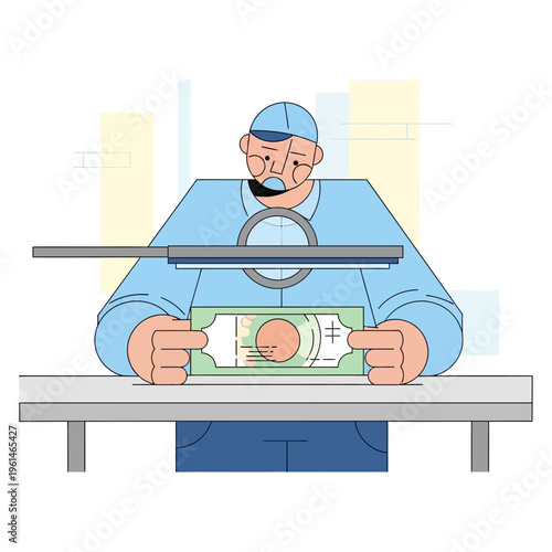 Man examining money with magnifying glass.