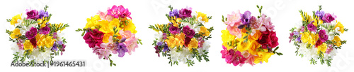 Bouquets of bright freesia flowers isolated on white, set