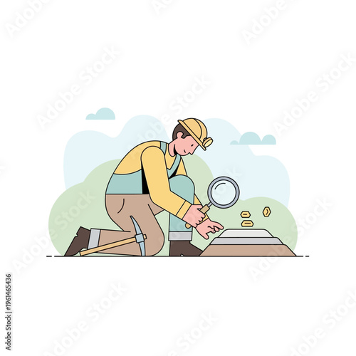 Geologist or archeologist examining ground with magnifying glass.