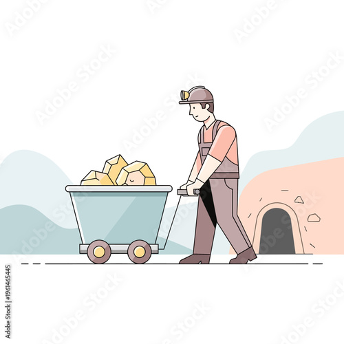 Miner pushing a cart full of gold.