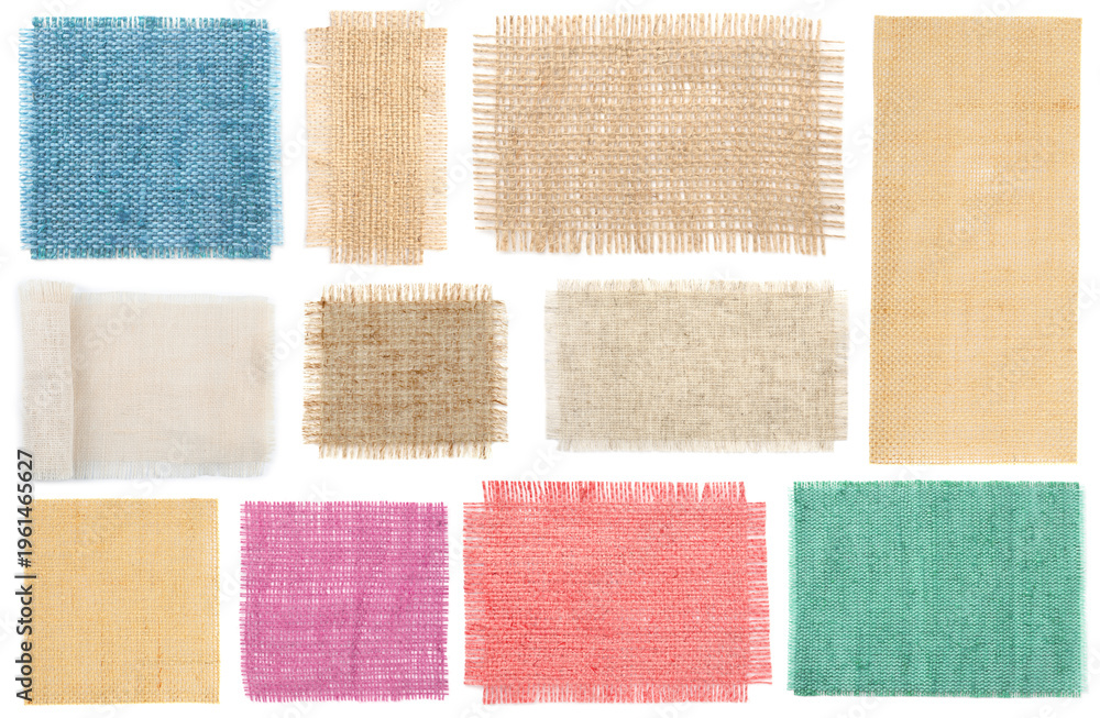 Fototapeta premium Pieces of natural burlap fabric in different colors on white background, set