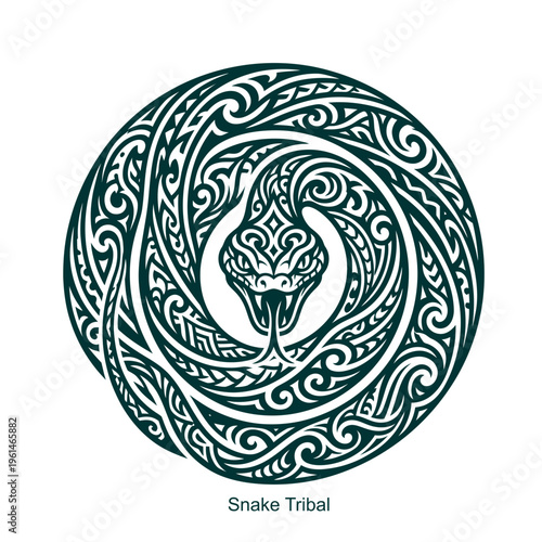 Tribal snake coiled into spiral shape with flowing