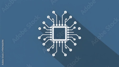 Flat design microchip icon with circuit connections and a long shadow on a blue background, symbolizing advanced digital technology, modern computing, and electronic innovation