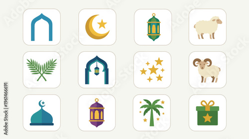 Eid Adha Islamic Symbols Icons Set.