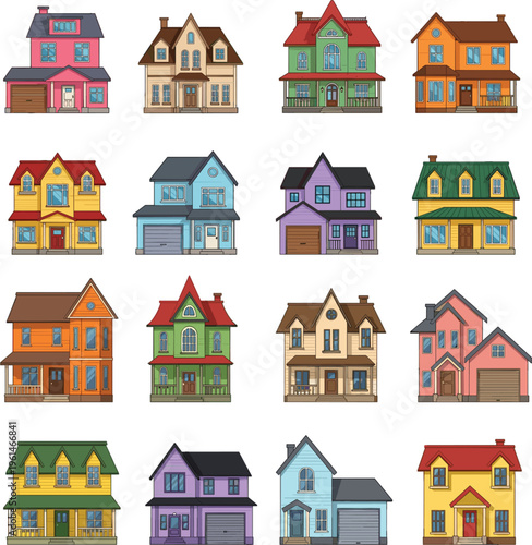 Set of colorful flat vector houses and residential suburban cottage buildings for real estate architecture icons and neighborhood maps